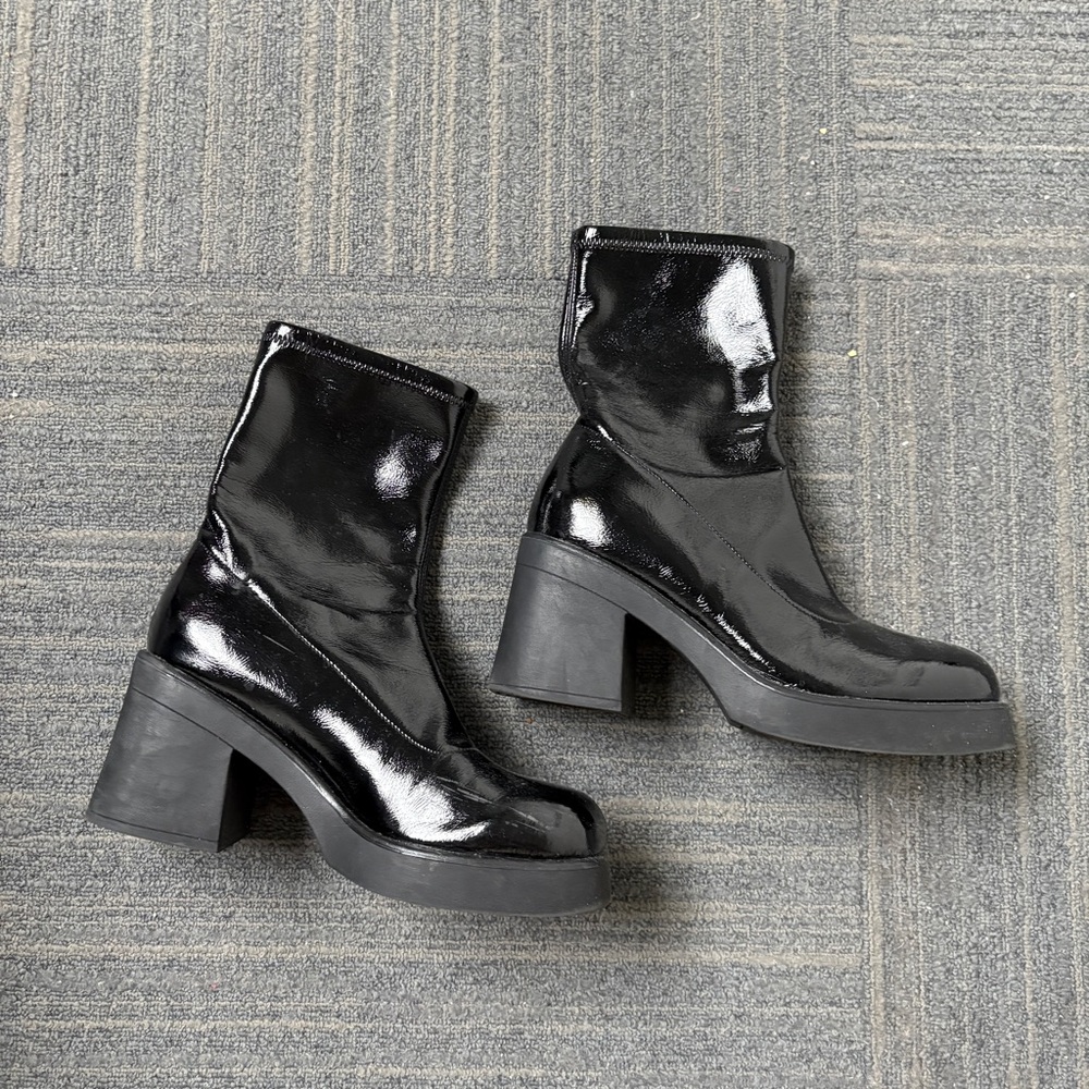 CALL IT SPRING Black Chunky Heel Pleather Boots